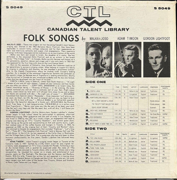 Malka and Joso, Adam Timoon, Gordon Lightfoot : Folk Songs (LP)