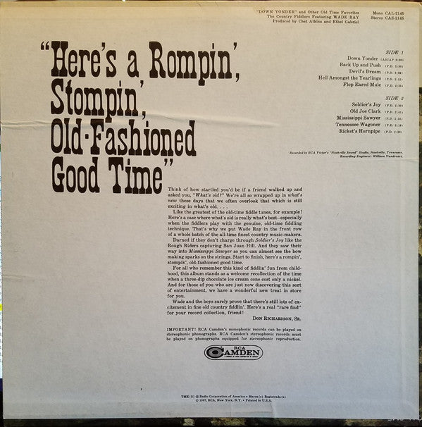 The Country Fiddlers Featuring Wade Ray : Down Yonder And Other Old-Time Favorites (LP, Album, RE, Ste)
