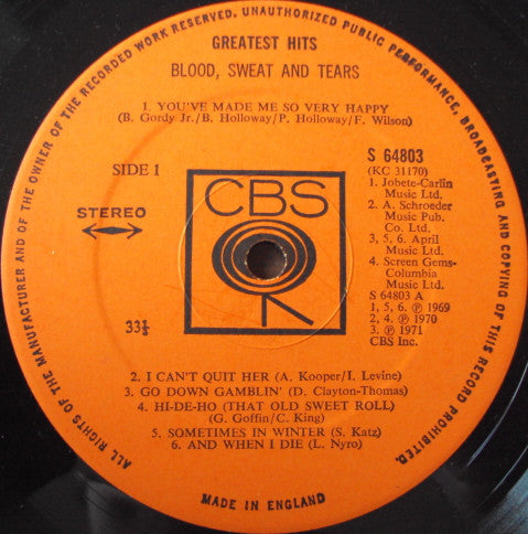 Blood, Sweat And Tears : Blood, Sweat & Tears Greatest Hits (LP, Comp)