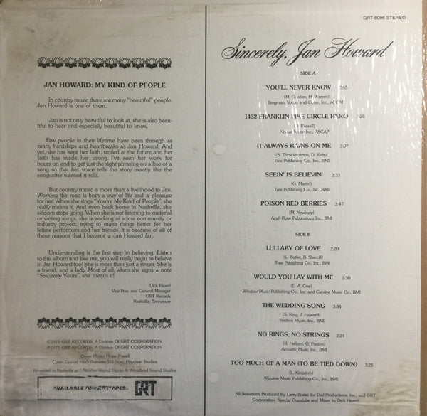 Jan Howard : Sincerely, Jan Howard (LP, Album)