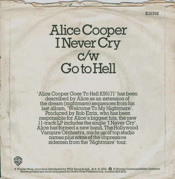 Alice Cooper (2) : I Never Cry (7", Single, Sol)