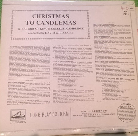 The King's College Choir Of Cambridge Conducted By David Willcocks : Christmas To Candlemas (LP, Mono)