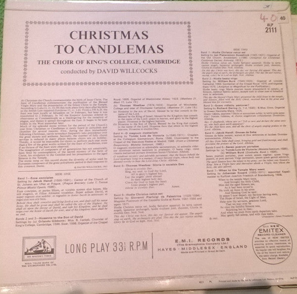 The King's College Choir Of Cambridge Conducted By David Willcocks : Christmas To Candlemas (LP, Mono)