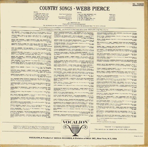 Webb Pierce : Country Songs (LP, Album, Comp, Glo)