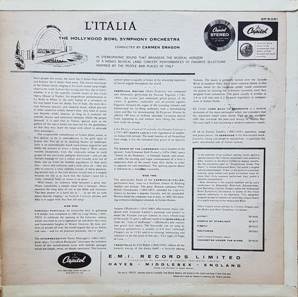 The Hollywood Bowl Symphony Orchestra Conducted By Carmen Dragon : L'Italia (LP)
