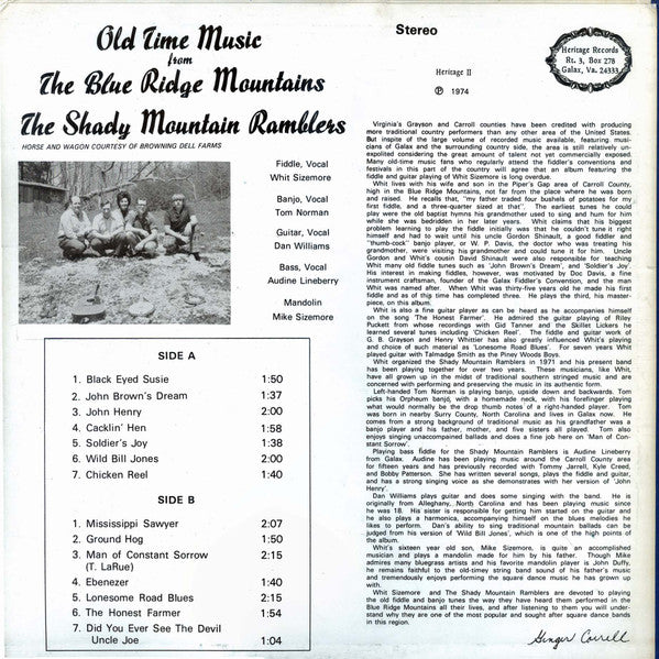 The Shady Mountain Ramblers : Old Time Music From The Blue Ridge Mountains (LP, Album)