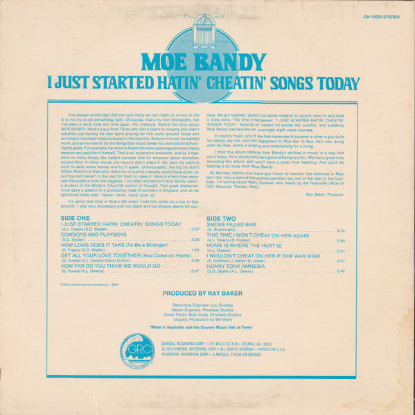 Moe Bandy : I Just Started Hatin' Cheatin' Songs Today (LP, Album)