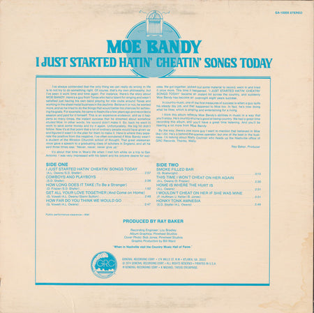Moe Bandy : I Just Started Hatin' Cheatin' Songs Today (LP, Album)