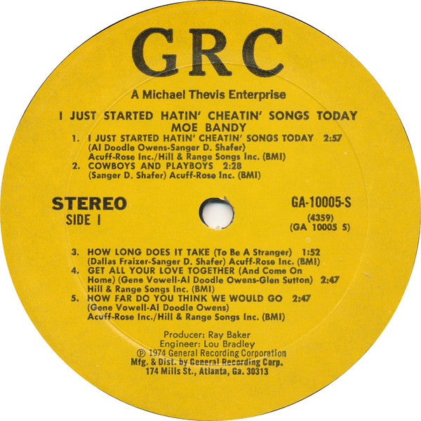 Moe Bandy : I Just Started Hatin' Cheatin' Songs Today (LP, Album)
