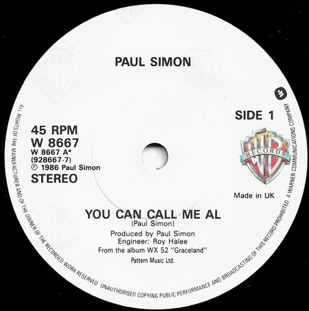 Paul Simon : You Can Call Me Al (7", Single, Pap)