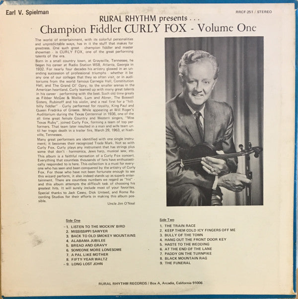 Curly Fox : Champion Fiddler Volume 1 (LP, Album)