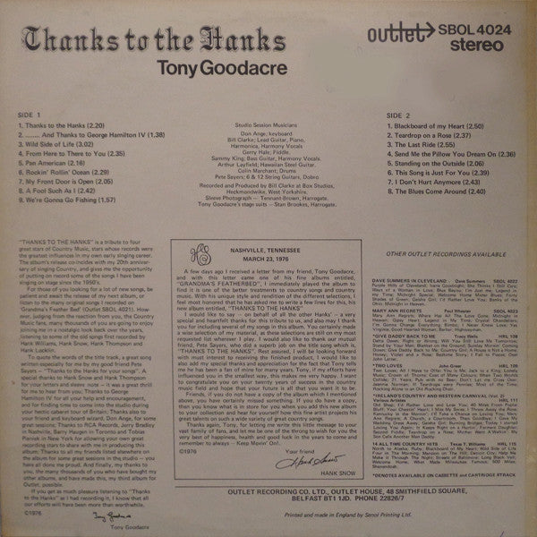 Tony Goodacre : Thanks To The Hanks (LP, Album)