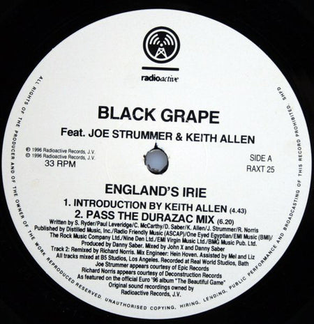 Black Grape Feat. Joe Strummer & Keith Allen : England's Irie (12", Single)