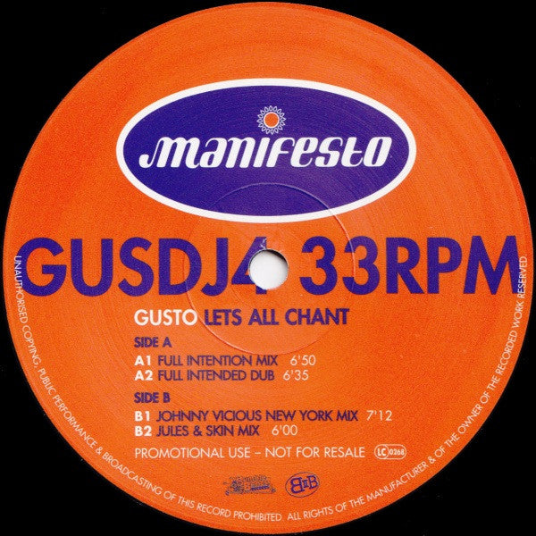 Gusto : Let's All Chant (12", Promo)