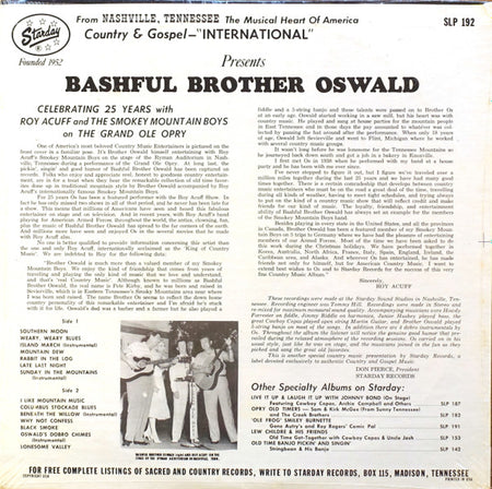 Bashful Brother Oswald : Celebrating 25 Years With Roy Acuff And The Smokey Mountain Boys On The Grand Ole Opry (LP, Album, RE)