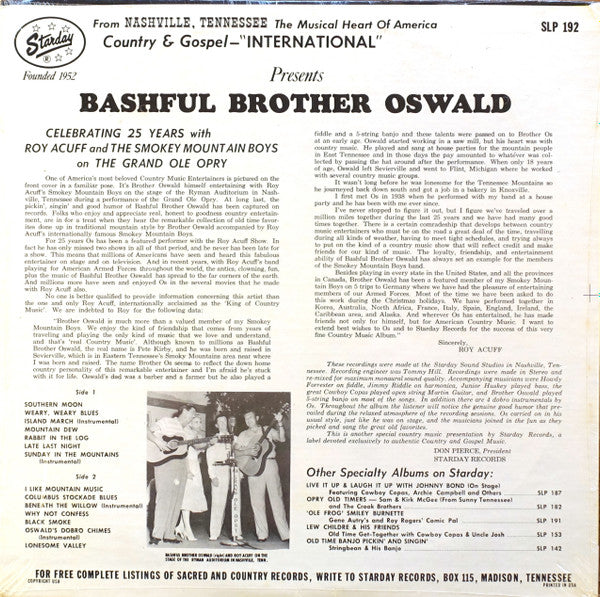 Bashful Brother Oswald : Celebrating 25 Years With Roy Acuff And The Smokey Mountain Boys On The Grand Ole Opry (LP, Album, RE)