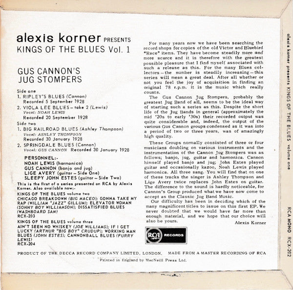 Cannon's Jug Stompers : Alexis Korner Presents Kings Of The Blues Vol. 1 (7", EP, Comp, Mono)