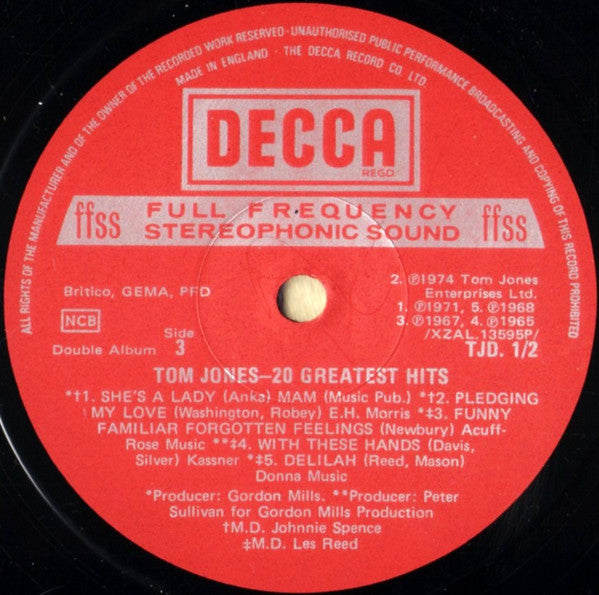 Tom Jones : 20 Greatest Hits (2xLP, Comp, Lab)