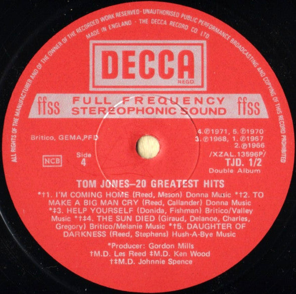 Tom Jones : 20 Greatest Hits (2xLP, Comp, Lab)