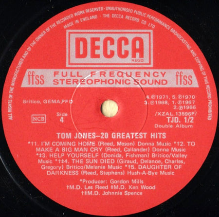 Tom Jones : 20 Greatest Hits (2xLP, Comp, Lab)