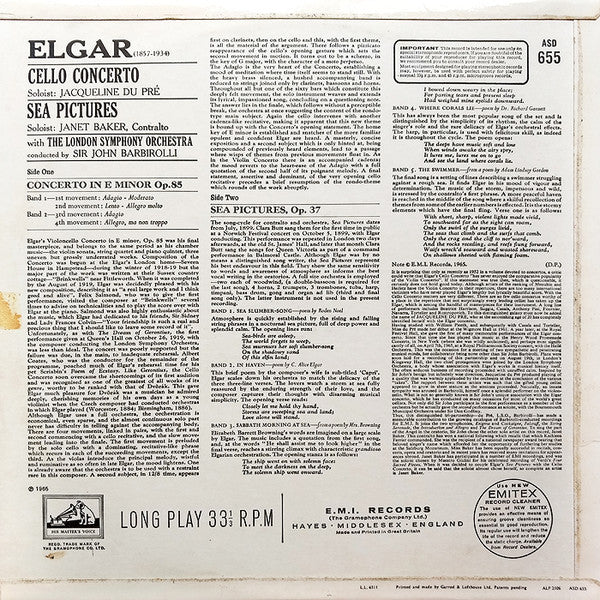 Elgar*, Jacqueline Du Pré, Sir John Barbirolli, London Symphony Orchestra, Janet Baker : Cello Concerto / Sea Pictures (LP)