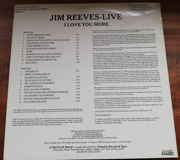 Jim Reeves : Jim Reeves – Live. I Love You More (LP, Album, Mono)