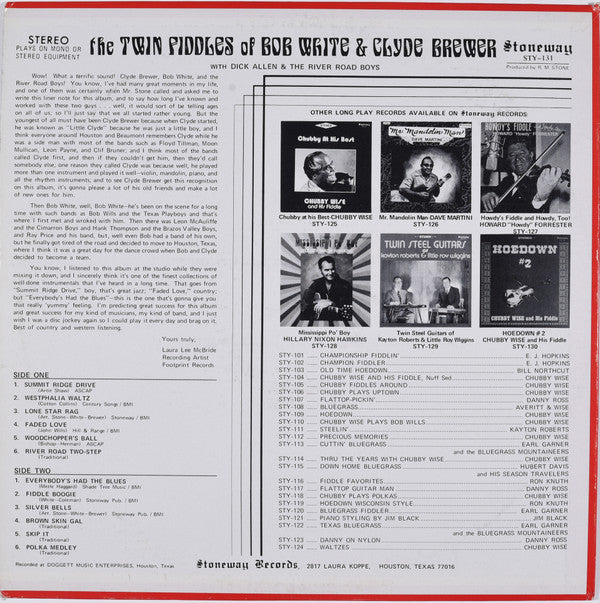 Bob White (6) & Clyde Brewer With Dick Allen (4) & The River Road Boys : The Twin Fiddles (LP, Album)
