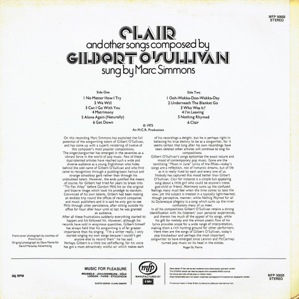 Marc Simmons : Clair And Other Songs Composed By Gilbert O'Sullivan (LP, Album, Eng)
