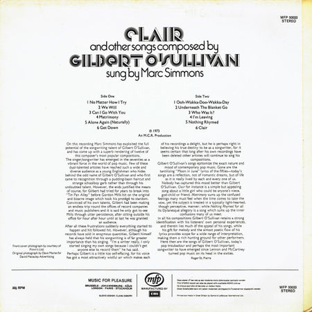 Marc Simmons : Clair And Other Songs Composed By Gilbert O'Sullivan (LP, Album, Eng)