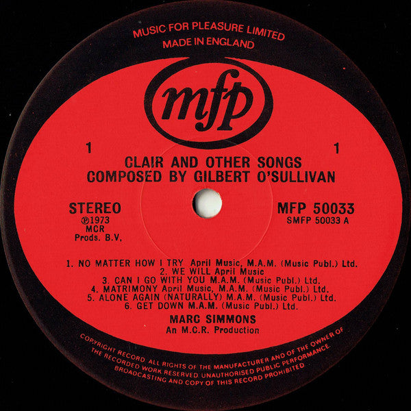 Marc Simmons : Clair And Other Songs Composed By Gilbert O'Sullivan (LP, Album, Eng)