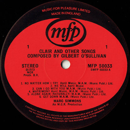 Marc Simmons : Clair And Other Songs Composed By Gilbert O'Sullivan (LP, Album, Eng)