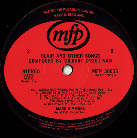 Marc Simmons : Clair And Other Songs Composed By Gilbert O'Sullivan (LP, Album, Eng)