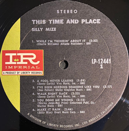 Billy Mize : This Time And Place (LP, Album)