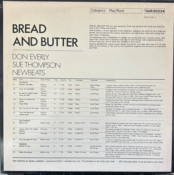 Don Everly, Sue Thompson, The Newbeats : Bread And Butter (LP, Comp)