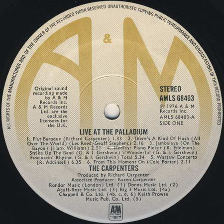 Carpenters : Live At The Palladium (LP, Album)