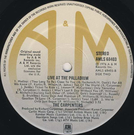 Carpenters : Live At The Palladium (LP, Album)