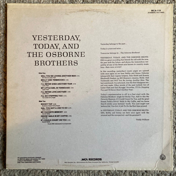 The Osborne Brothers : Yesterday, Today, And The Osborne Brothers (LP, Album, RE)