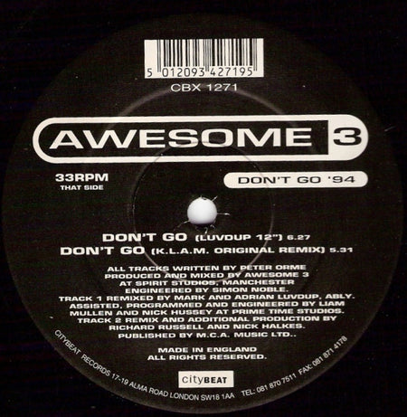 Awesome 3 : Don't Go '94 (12", Single)