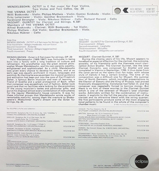 Felix Mendelssohn-Bartholdy / Wolfgang Amadeus Mozart - Wiener Oktett : Mendelssohn Octet - Mozart Clarinet Quintet (LP, Comp, Mono)
