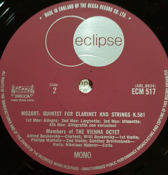 Felix Mendelssohn-Bartholdy / Wolfgang Amadeus Mozart - Wiener Oktett : Mendelssohn Octet - Mozart Clarinet Quintet (LP, Comp, Mono)