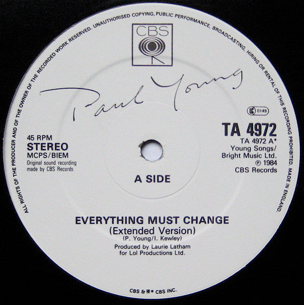 Paul Young : Everything Must Change (Special Extended Mix) (12", Single)