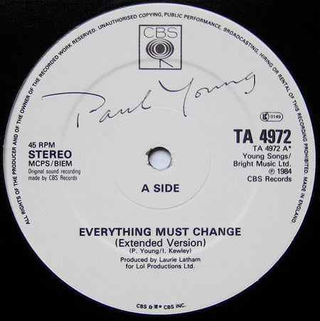 Paul Young : Everything Must Change (Special Extended Mix) (12", Single)