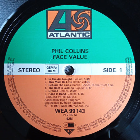 Phil Collins : Face Value (LP, Album, Gat)