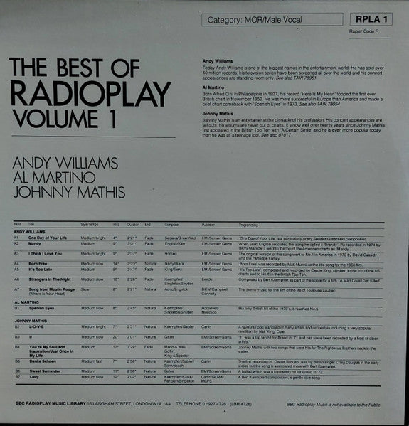 Andy Williams, Al Martino, Johnny Mathis : The Best Of Radioplay Volume 1 (LP, Comp, Transcription)