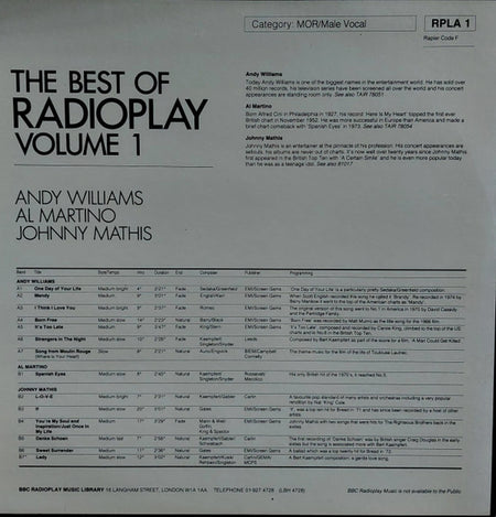 Andy Williams, Al Martino, Johnny Mathis : The Best Of Radioplay Volume 1 (LP, Comp, Transcription)