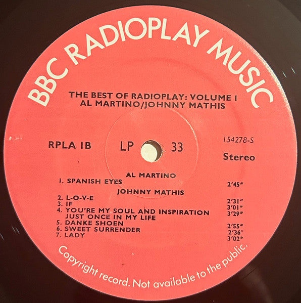 Andy Williams, Al Martino, Johnny Mathis : The Best Of Radioplay Volume 1 (LP, Comp, Transcription)