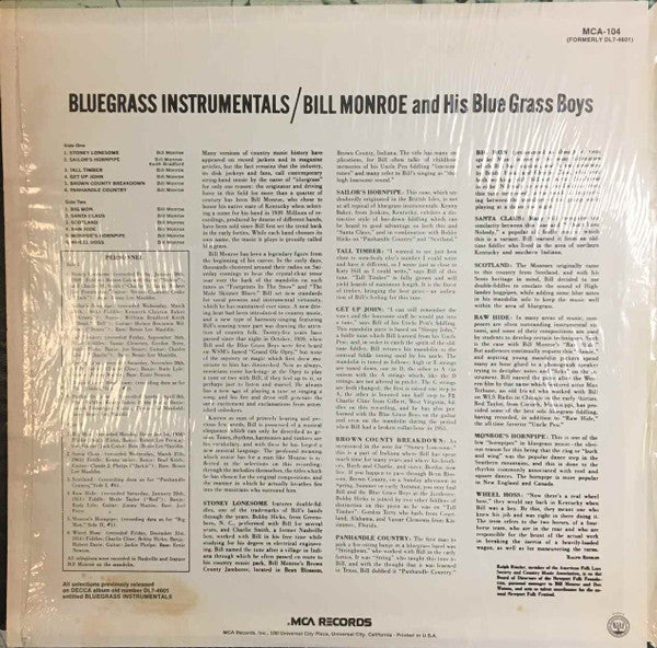 Bill Monroe And His Blue Grass Boys* : Bluegrass Instrumentals (LP, Comp, RE)