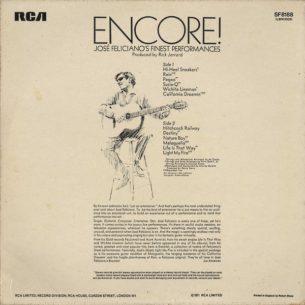 José Feliciano : Encore! José Feliciano's Finest Performances (LP, Album, RCA)