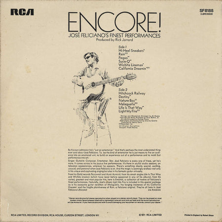 José Feliciano : Encore! José Feliciano's Finest Performances (LP, Album, RCA)