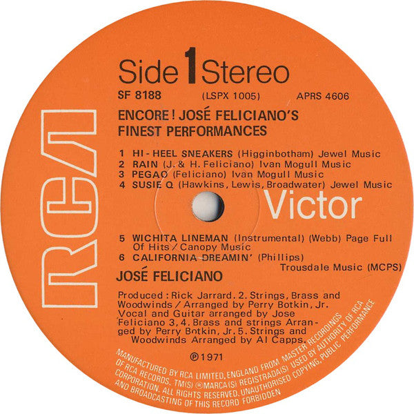José Feliciano : Encore! José Feliciano's Finest Performances (LP, Album, RCA)